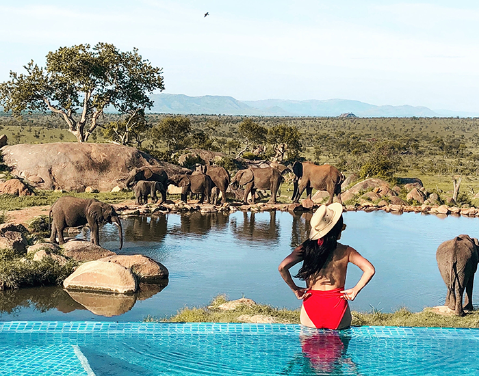 Stephanie enjoying the view of the Serengeti from the comfort of her hotel pool at the Four Seasons Hotel