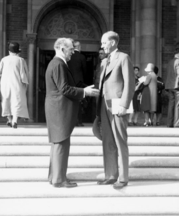 Dedication ceremony – Outgoing UC President William W. Campbell (left) and Incoming President Robert G. Sproul, 1930